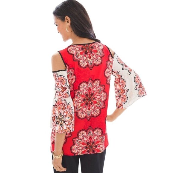 Chico’s Tiled Spice Cold Shoulder top Blouse size 1 M/8 - Picture 2 of 11